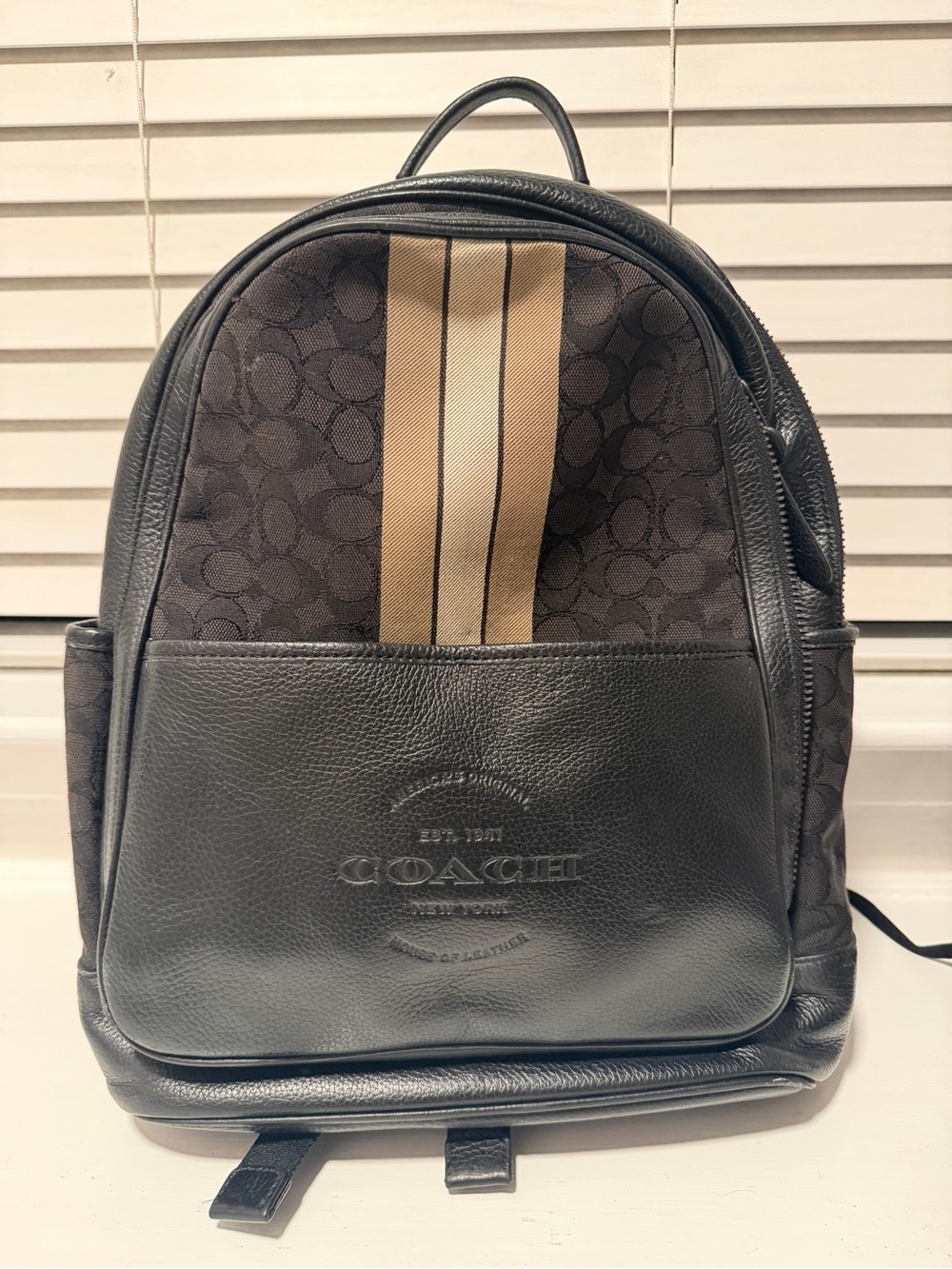 Coach Black Canvas and Leather Backpack with Tan Center Stripe